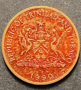 1990 Trinidad and Tabago 1 Cent Hummingbird UNC AMAZING TONING!!! - Picture 1 of 4