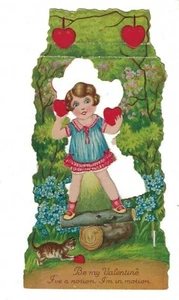 Mädchen Wippe auf Baumstamm mechanische Valentinstag Karte Katze Herzen - Bild 1 von 2