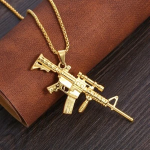 Men's Gold M16A4 Rifle Gun Pendant Necklace Chain Punk Retro Rock Biker Jewelry - Picture 1 of 2