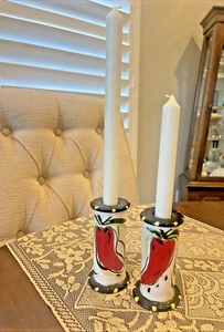 Vtg Handpainted Signed Candle Stick Holders Red Peppers ~ Southwest ~ Polka Dots - Picture 1 of 9