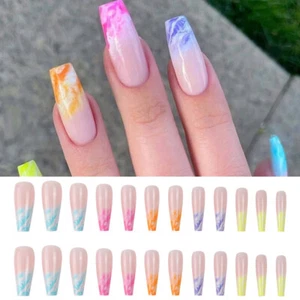 False Fake Nails Medium Coffin French Nail Art Gel Acrylic Press on nails HOT - Picture 1 of 16