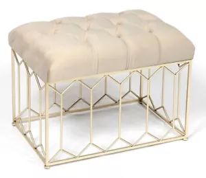 Premium Tufted button velvet ottoman with Metal Gold base Beige seat - Picture 1 of 21