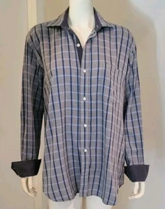 TAILORBYRD Mens LG Grey Navy Check 100% Cotton Contrast Flip Cuff Dress Shirt - Picture 1 of 8