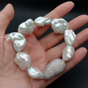 Pearl Bead Bracelet Cultured Pearl White Keshi Pearl Cz Bead Stretch Bracelet