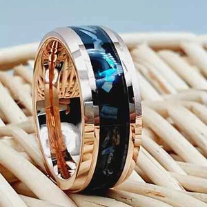 Abalone Shell Tungsten 8mm Ring Pearl Inlay Engagement & Rose Gold Tungsten Band - Picture 1 of 7