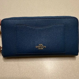 Coach Reißverschluss Akkordeon blau genarbtes Leder Geldbörse mit Fronttasche - Bild 1 von 15