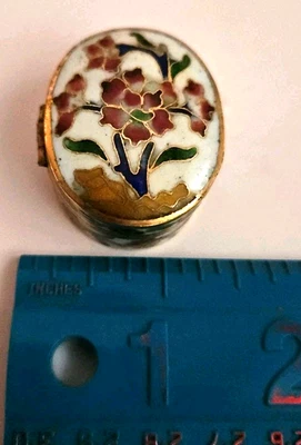 Vintage Tiny Oblong Cloisonne Pill Trinket Flowers Hinged Box Cobalt Purple - Image 1 of 4