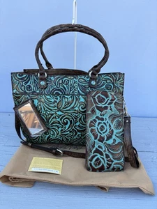 Patricia Nash Vercelli Turquoise Tooled Tote Bag & Wristlet & Mirror - Picture 1 of 21