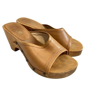y2k Bongo sandals US womens 6 tan brown leather studded clog wooden retro - Picture 1 of 11