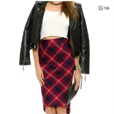 NUEVA Falda Lápiz Free People Precisión Geométrica Roja a Cuadros 8 Foto 1 de 4