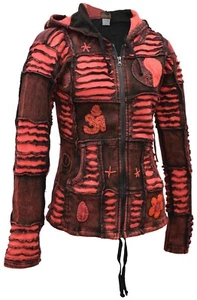 Womens Red Stone Washed Goth Om Ying Yang Patchwork Hoodie Slashed Jacket - Imagen 1 de 5