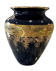 "Florero de porcelana Imperial Limoges azul cobalto con detalles dorados hecho en Francia 7""" - Imagen 1 de 7