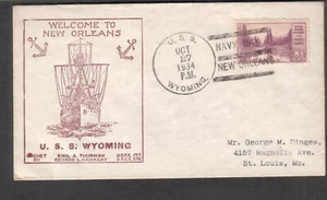 1934 Navy Day cachet cover battleship USS Wyoming DD-34 New Orleans cancel - Picture 1 of 2