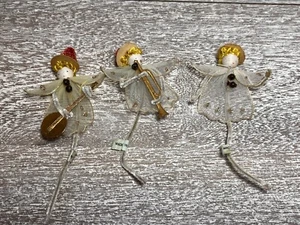 Vintage Christmas Angels Set 3 Spun Tulle Chenille Arms Japan Tie Ons Instrument - Picture 1 of 10