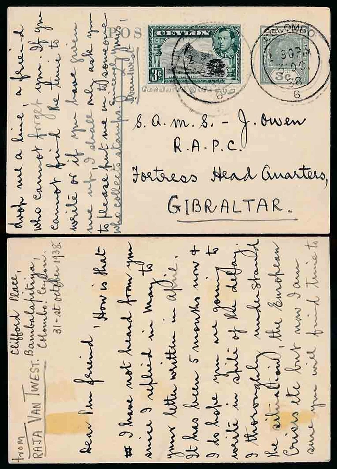 Papelería postal de Ceilán a Gibraltar 1938 mejorada a RAPC Foto 1 de 1