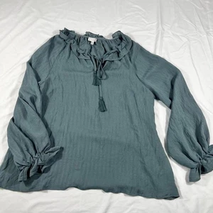 L Love women's blouse Womens Size Medium Dusty Teal Ruffle Neckline Bow Tie Cuff - Picture 1 of 4