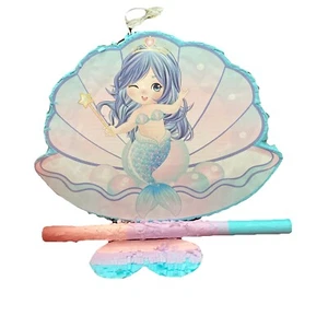 Hermoso Juego de Piñata Sirena Sobre Concha Aqua: Piñata, Palo y Venda para los Ojos Nuevo - Imagen 1 de 7