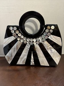 VTGMother of Pearl Tiles Acrylic Handle Purse Black White Formal Mad By Design - Picture 1 of 8