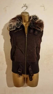 Brown Grey Parisian Faux Fur Belt Buckle Biker Bomber Knit Gilet Jacket 10 12 14 - Picture 1 of 7