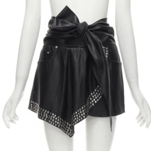 ALEXANDER WANG black faux leather silver studded draped wrap tie shorts US2 XS - Picture 1 of 10