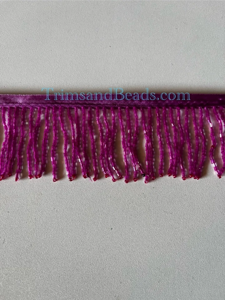 By Yard-2"-FUCHSIA AB Glass BUGLE Bead Beaded Fringe Lamp Costume Trim - Image 1 of 1