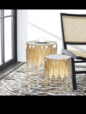 Moderno juego de 2 mesas auxiliares redondas doradas, mesa de té de centro mediados de siglo Foto 1 de 4