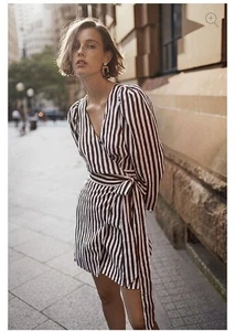 Country Road Dress Womens Size 10 Brown Stripe Drape Sleeve 100% Linen Wrap - Picture 1 of 15