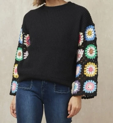 Suéter de punto negro con ganchillo colorido abuela mangas campana cuadradas talla grande Foto 1 de 4