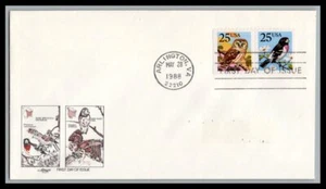 US FDC # 2284-2285 25c Grosbeak & Owl Artmaster PAIR  1988, 9p2542 - Picture 1 of 1