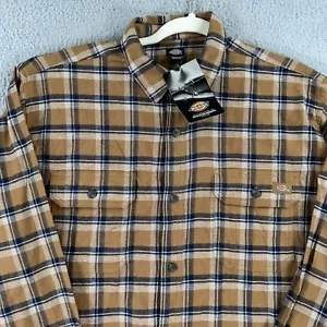 NEW! Dickies Flex Flannel Shirt MENS MEDIUM Plaid Relaxed Fit Button Up Brown - Picture 1 of 12