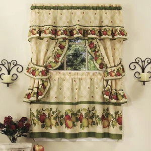 5PC Window Kitchen Curtain Cottage Set Apple Vines Tiers Valance Tiebacks or Mat - Picture 1 of 5