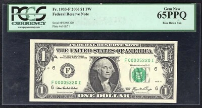 FR. 1933-F 2006 $1 FW FRN ATLANTA, GA “LOW SERIAL #5220” PCGS GEM UNC-65PPQ - Image 1 of 2