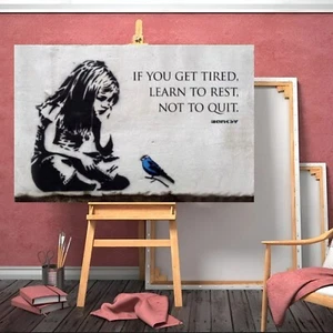 BANKSY BLUE BIRD GIRL QUOTE LEARN TO REST STREET WALL ART CANVAS FRAMED PRINT - Picture 1 of 7