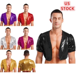 Mens Shrug Jacket Sequined Glittering Bolero Cardigan Shirts Crop Tops Outerwear - Picture 1 of 52