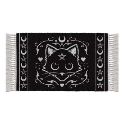Alchemy Gothic Purrfect Kitty Cat Wiccan Area Rug Hand Woven Cotton 38X20" RUG1 - Image 1 of 4