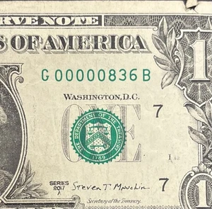 FANCY SERIAL $1 DOLLAR BILL 3 DIGIT LOW SERIAL 5 OF A KIND LEADING 0s TRINARY - Picture 1 of 3