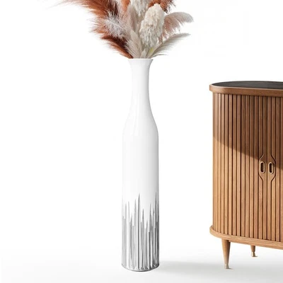 Jarrón de piso blanco de 27,5 pulgadas - patrón de dientes geométricos plateados, decoración cilíndrica... Foto 1 de 4