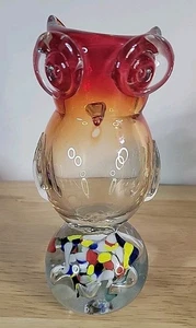Vtg Art Glass Paperweight, Vase, Orange Red Owl, Swirled Colors Marked On Bottom - Picture 1 of 21