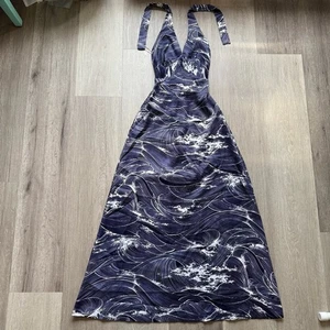 Nani Vintage 70s Hawaiian Blue and White Wave Halter Backless Sundress Size 10 - Picture 1 of 10
