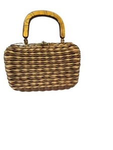 Vintage Plastic Coated Wicker Purse Lucite Handles Box Lined Hong Kong Brown - Picture 1 of 20