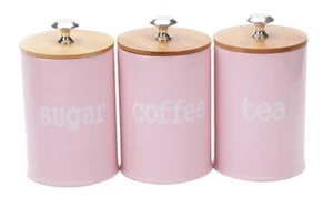 Set Of 3 Tea Coffee Sugar Canisters Kitchen Storage Jars Containers | PINK - Picture 1 of 8