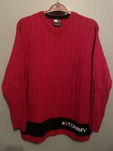 Vintage 90's Mens Medium Tommy Hilfiger Sweater Ribbed - Stripe Spellout L (E1) - Picture 1 of 5
