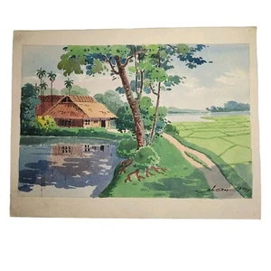 03K6 ANCIENNE PEINTURE AQUARELLE ORIGINALE INDOCHINE MAISON SIGNE C. NHAN 1940 - Picture 1 of 2