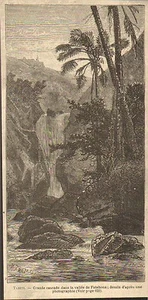 TAHITI GRAVURE CASCADE FATAHOUA OLD PRINT 1885 - Imagen 1 de 1