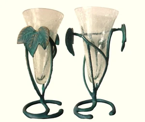 Hollywood Regency MCM Crackle Glass Vase w/ Vine Leaf Base H23cm Hairline Rim - Picture 1 of 15