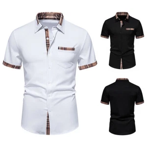 Blusa top blusa informal ajustada a cuadros manga corta con botones para hombre - Imagen 1 de 6