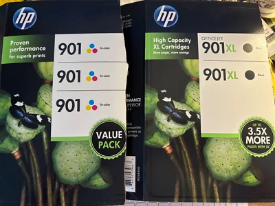 Lot 3 Auth HP 901 Ink Cartridges 1-XL Black  2-Tri-color New Open Box Expired - Image 1 of 4