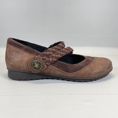Zapatos Aetrex Ada Mary Jane para mujer talla 5-5,5 marrón gamuza correa trenzada cuña Foto 1 de 4