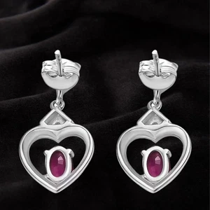 Rhodium Plated Sterling Silver Ruby & Zircon Heart Shaped Dangle Drop Earrings - Picture 1 of 8