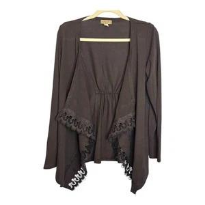 One World Blouse Women's Size Large Cardigan cascade Open Front Lace Brown - Picture 1 of 4